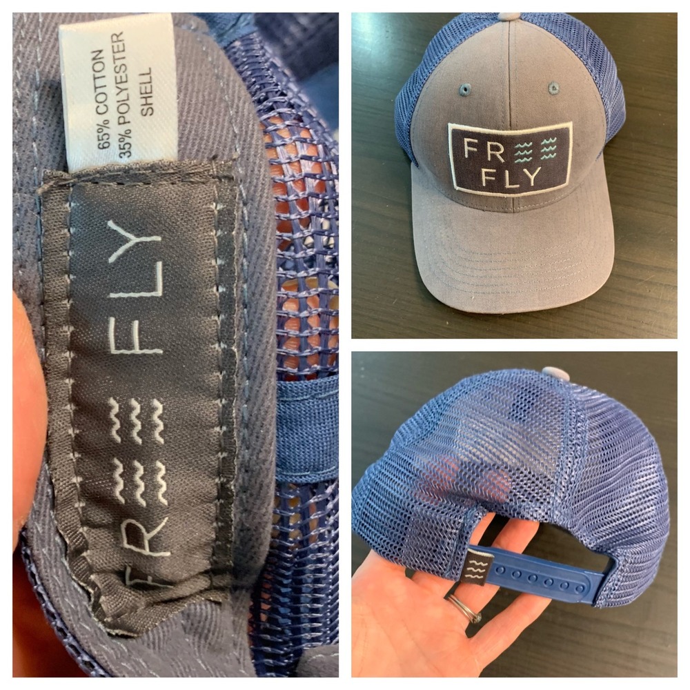 Free Fly Mens Gray Blue Mesh Snapback Trucker Hat Logo Patch Fishing Cap